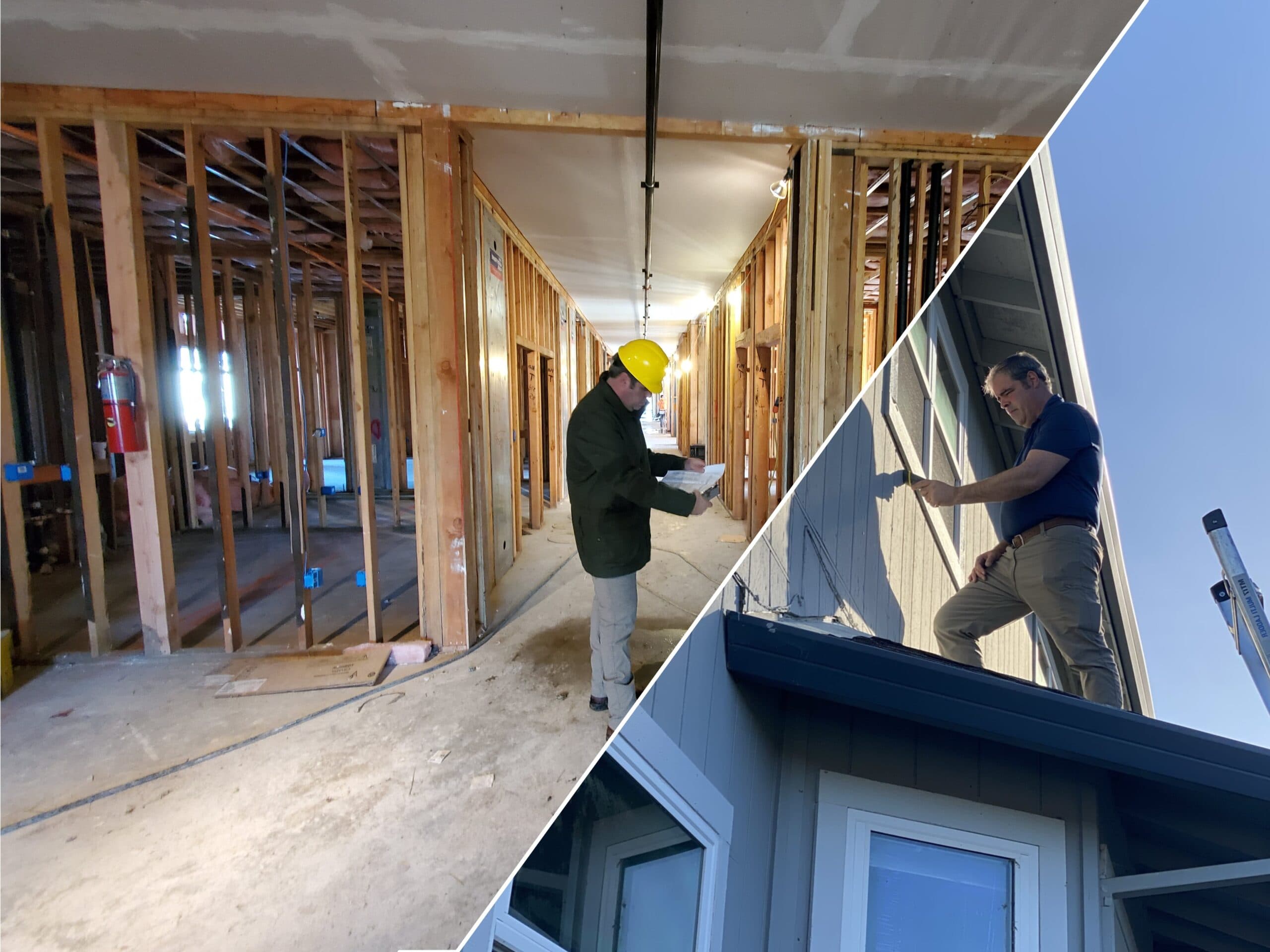 Juan de la Cruz inspecting a building under construction and examining the exterior of a home from a ladder