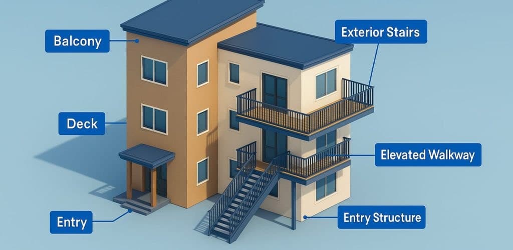 Diagram of a multifamily building showing balconies, decks, exterior stairs, elevated walkways and entry structures